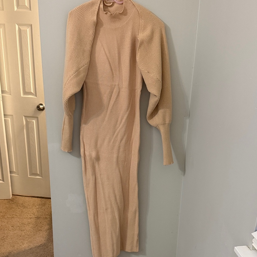 Ribbed Halter Dress in Beige with Matching Cardigan